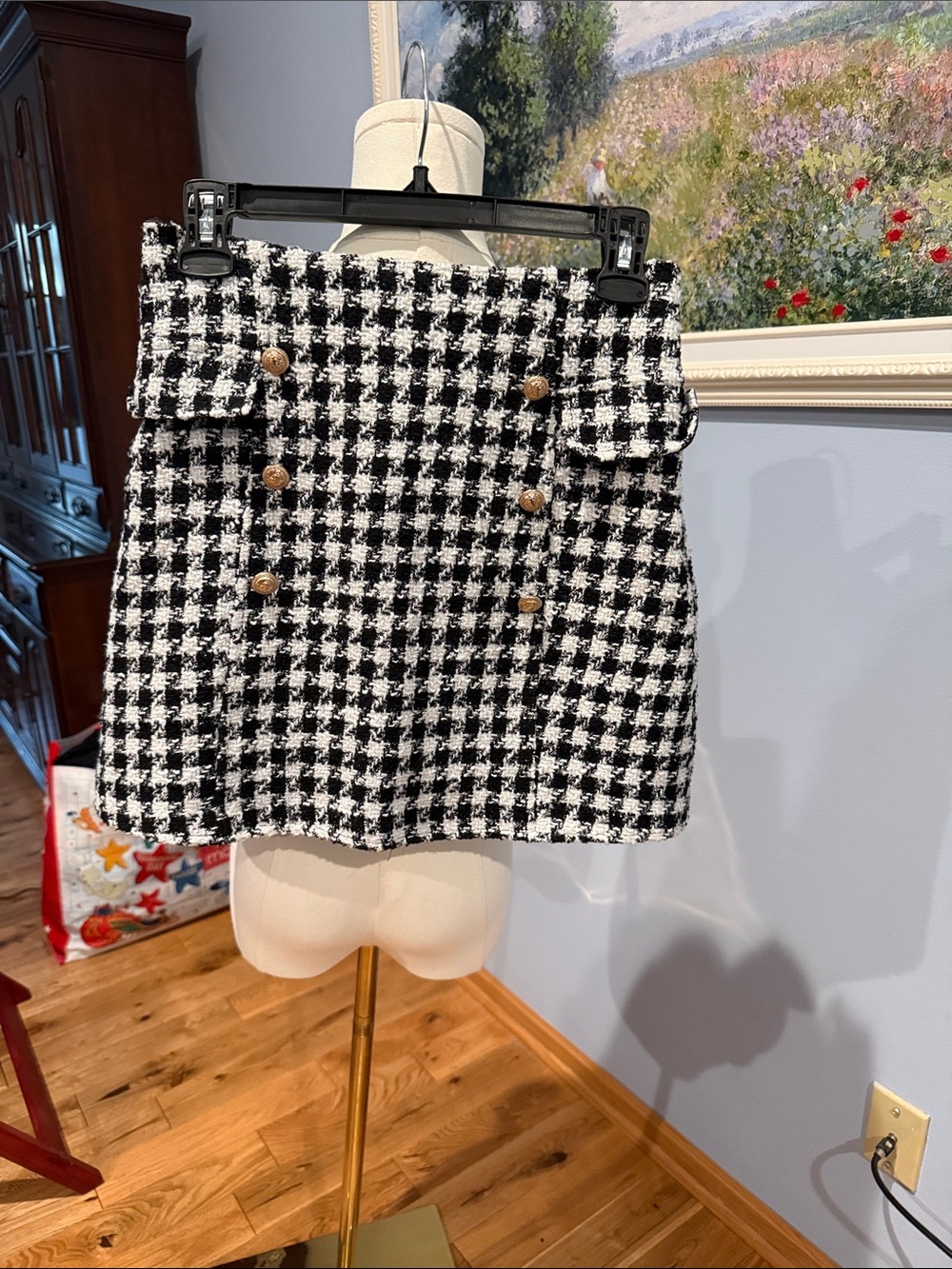 Alya Black & White Houndstooth Mini Skirt with Gold Buttons